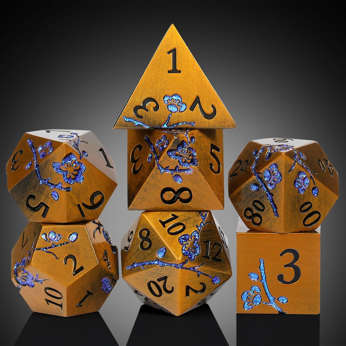 Metal Dice Flowers, 7 PCS Metallic Dungeons and Dragons Dice Set with Gorgeous Gift Case for DND Dungeons and Dragon Tabletop Game (Ancient Brass with Blue Flowers)