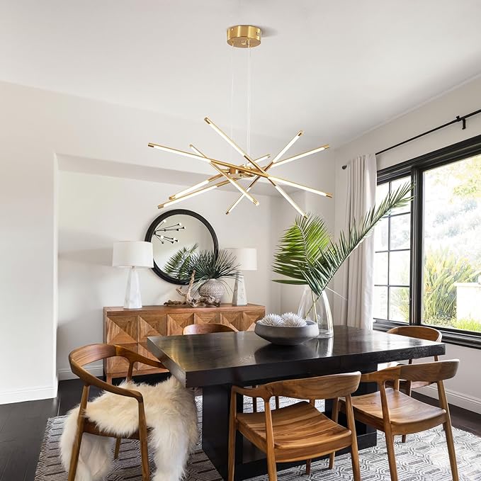 Modern Gold Chandelier, 12-Light LED Linear Pendant Light Fixture, Dimmable Gold Chandeliers for Dining Room, Living Room, Bedroom, Kitchen Island