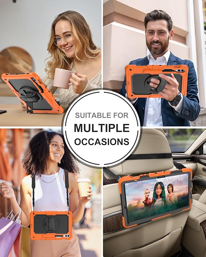 Case for Samsung Galaxy Tab S10 Plus/ S9 FE Plus/ S9 Plus 5G Tablet 12.4'', Shockproof Protective Cover with [Tempered Glass Screen Protector], Stand, Shoulder Strap & S Pen Holder (Orange)