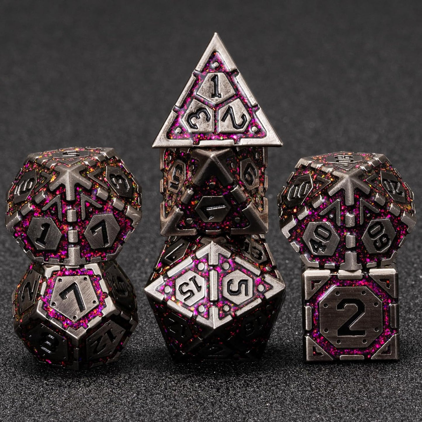 Metal DND Dice Set, Polyhedral Metallic Dice with Cracks for Dungeons and Dragons RPG TTRPG D&D 7-Die Set with Gift Case
