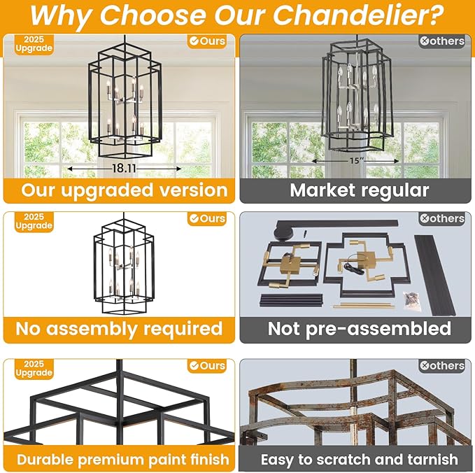 31.5" Farmhouse Chandelier, 8-Light Lantern Pendant Light Fixture, Modern Foyer Lighting Fixtures, Large Chandeliers for High Ceilings, Black and Brushed Nickel Pendant Lights for Staircase, Entryway