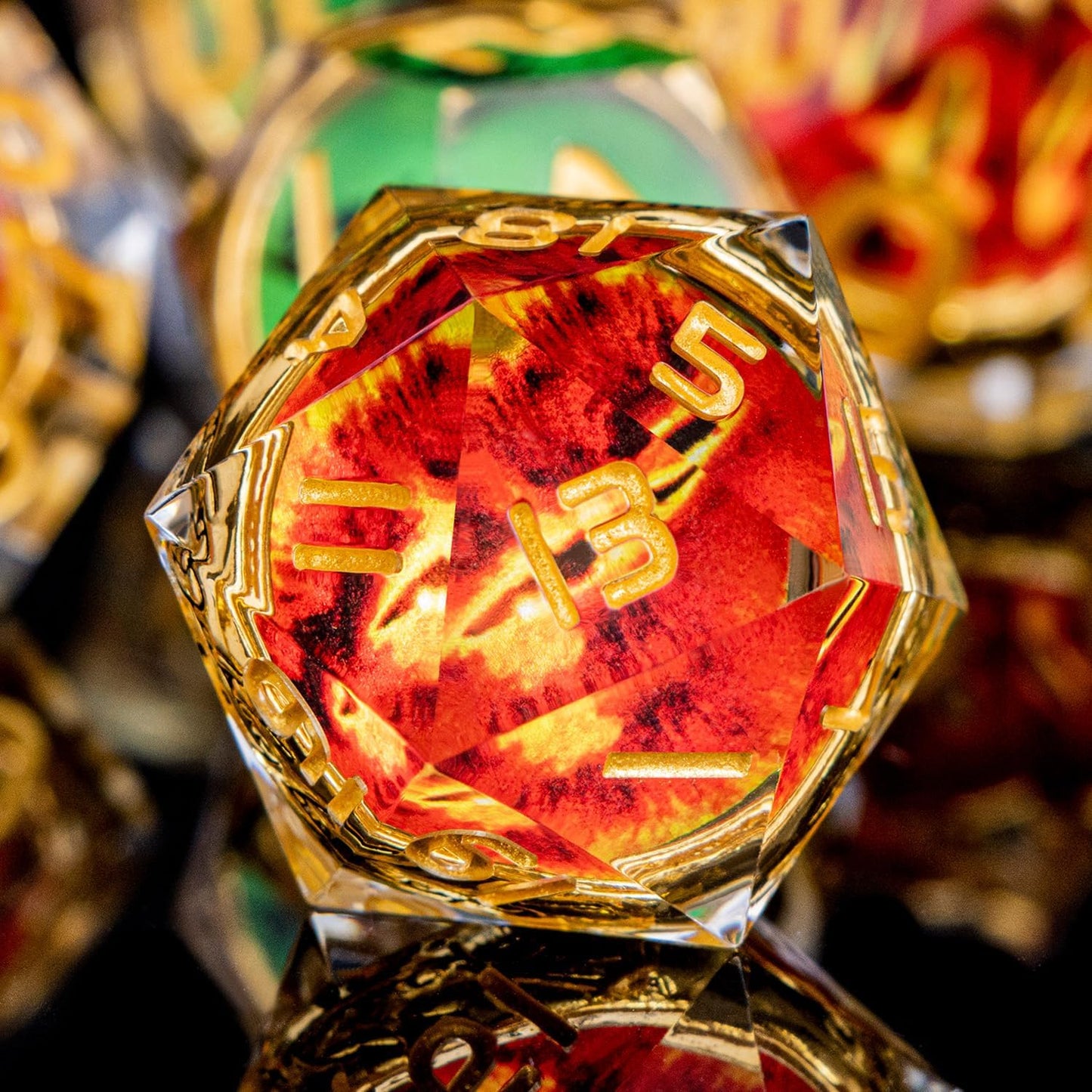 Magic Golden Ring DND Dice Set Sharp Edge Red Gaze Eye Resin Dice with Box, for use with RPG D&D Tabletop Games Lord D and D Polyhedral Dice Set