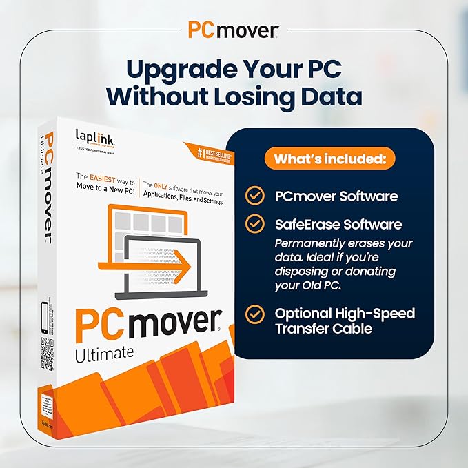 Laplink PCmover Ultimate 11 - Easy Migration of your Applications, Files and Settings from an Old PC to a New PC - Data Transfer Software - With Optional Ultra High Speed Thunderbolt Cable - 1 License