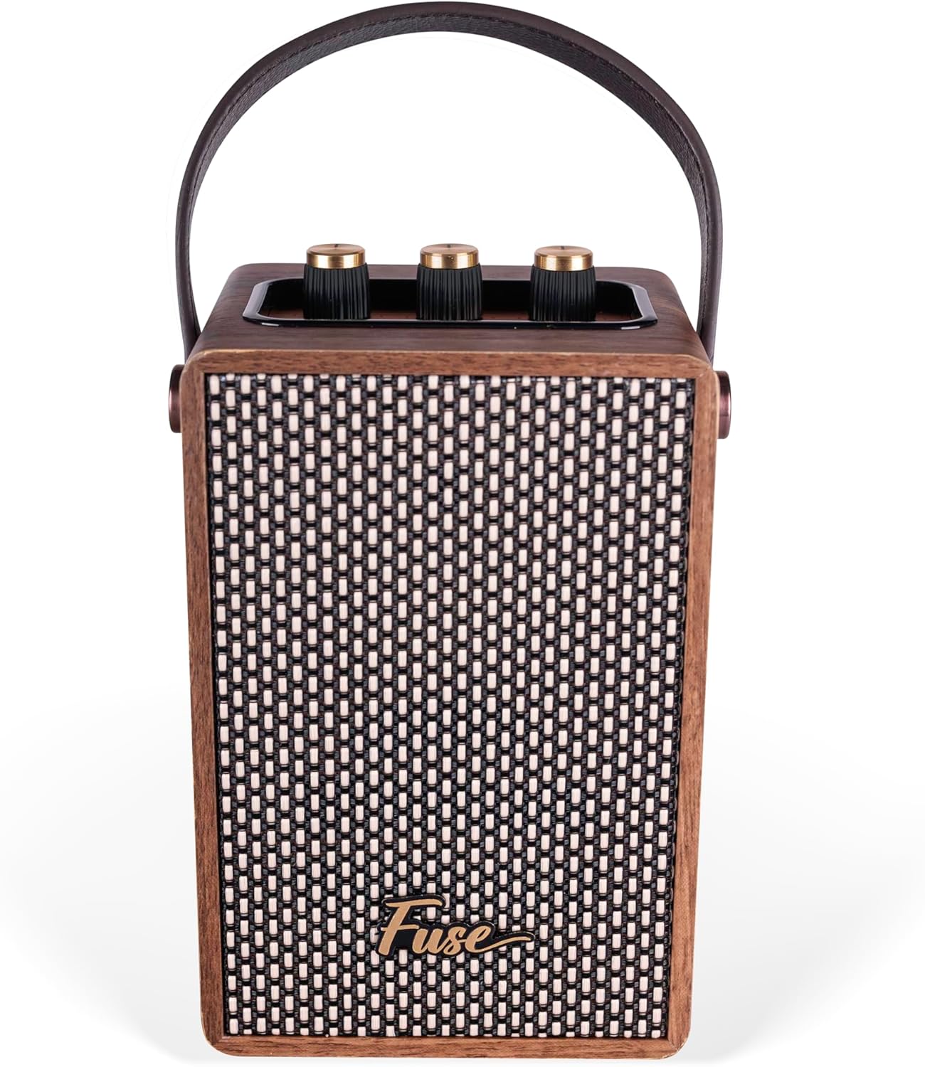 Fuse Andle Vintage Retro Bluetooth Speaker with Vegan Leather Handle | Portable Speaker with Smartphone Connection | USB & AUX Input | Stylish Brown Wood Exterior