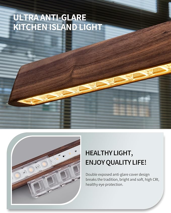 45" Wood Linear Pendant Light, Dimmable Kitchen Island Lighting with Remote, 30W LED Island Lights for Kitchen, Adjustable Linear Chandelier for Dinning Room Light Fixture, Bar, Pool Table - Walnut