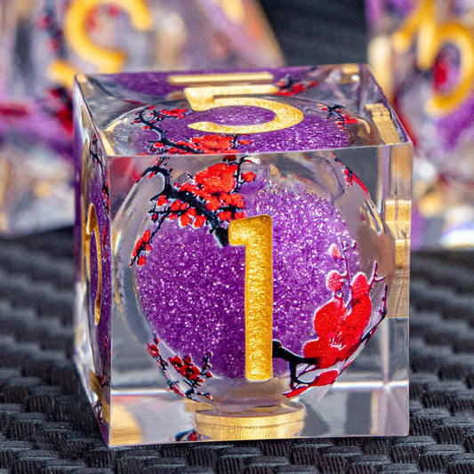 ARUOHHA DND Resin Dice Plum Blossom Liquid Core Purple Sharp Edged Polyhedral Dragons Dice Set with Gift Box, Dungeons D and D Dice Role Playing Game D20 D12 D10 D8 D6 D4