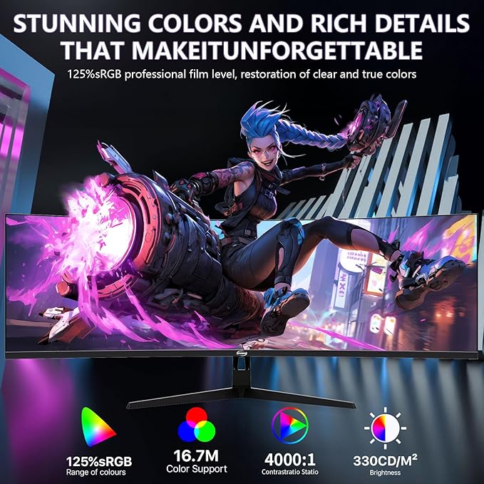 49 Inch Curved Ultrawide Gaming Monitor, 4k Monitor(3840x1080P), 165Hz, 1500R HDR10, 32:9, AMD FreeSync, 125% sRGB, HDMI/DP VESA100*100mm