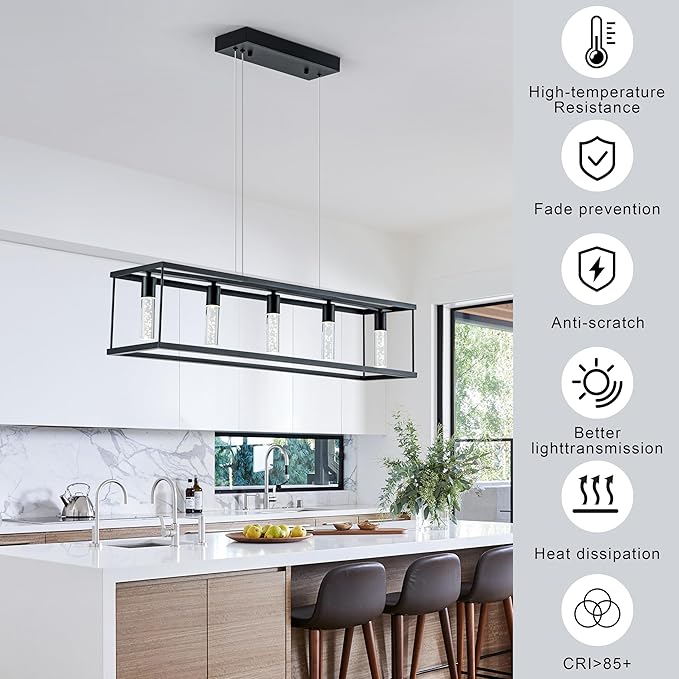 LED Linear Pendant Light with Bubble Bulb, Dimmable Farmhouse Dining Room Light Fixture, 39" 25W Linear Dining Room Light, 3000K-6000K for Kitchen Island, Dining Table (Black)