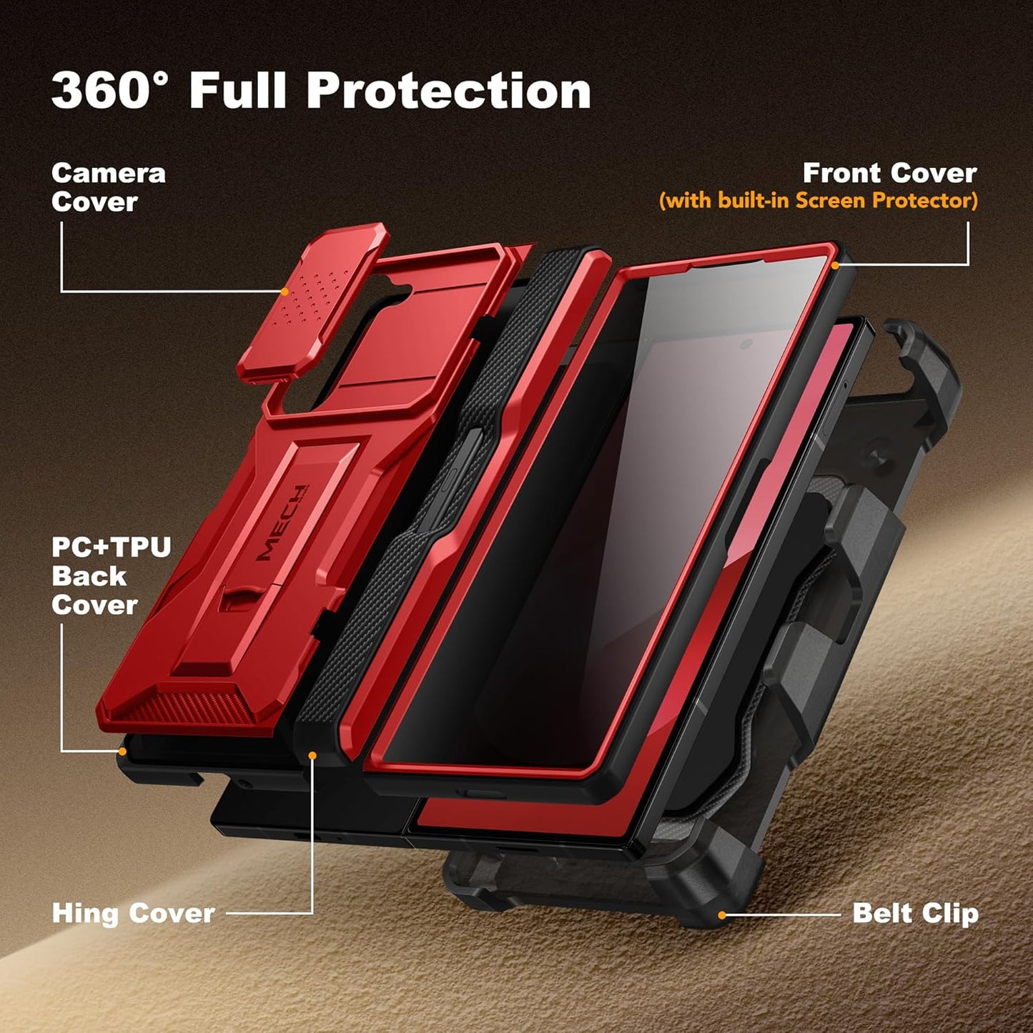 TONGATE for Z Fold 6 Case, [with S Pen Slot & Hinge Protection] [Privacy Glass Screen Protector] Full-Body Military Drop Phone Case for Samsung Galaxy Z Fold 6 with Kickstand & Belt Clip, Red Privacy