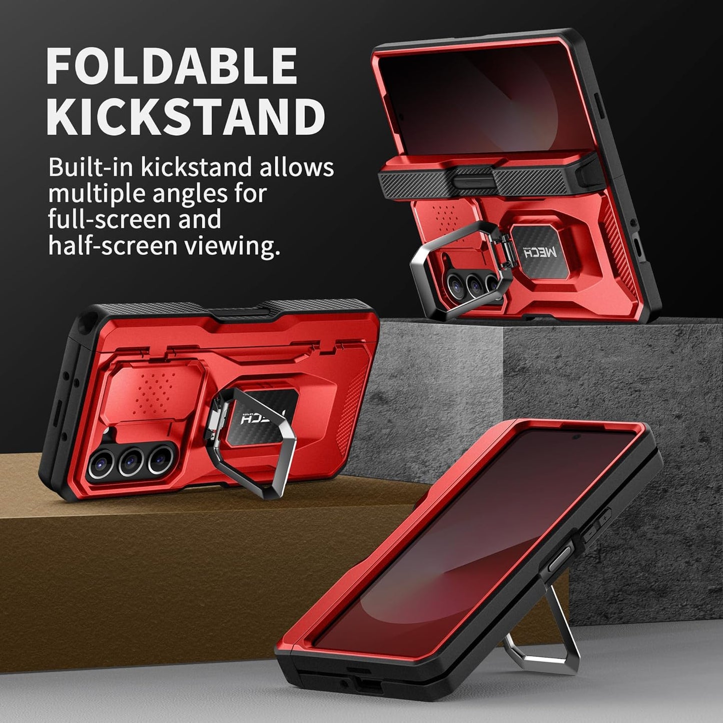 TONGATE for Z Fold 6 Case with Ring Stand, Built-in S Pen Holder & Glass Screen Protector Shockproof Rugged Z6 Phone Case with Slide Camera Cover & Belt Clip for Samsung Galaxy Z Fold 6 2024, Red