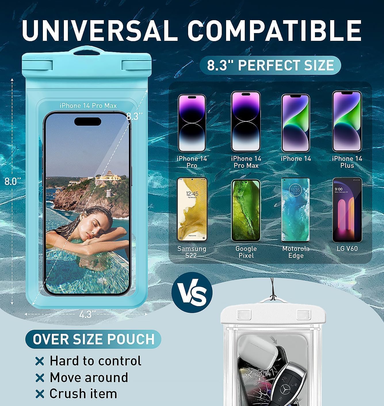 Waterproof Phone Case, with Inside Card Pack, IPX8 Under Water Phone Bag Compatible for iPhone 16 15 14 13 12 Pro Max Plus Cellphone Up to 8.3", Travel Essentials, 2 Pack-Black & Blue