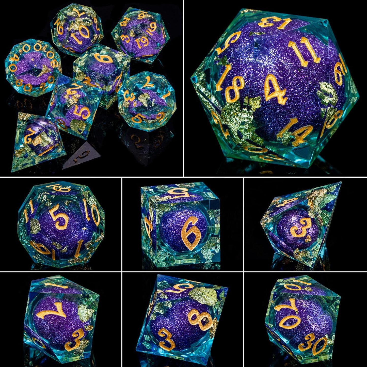 ARUOHHA Liquid Core DND Dice Set, 7pcs Resin Sharp Edged Dragons Dice RPG Role Playing Games, Purple Blue Polyhedral Dungeons D and D Dice with Gift Box D20 D12 D10 D8 D6 D4