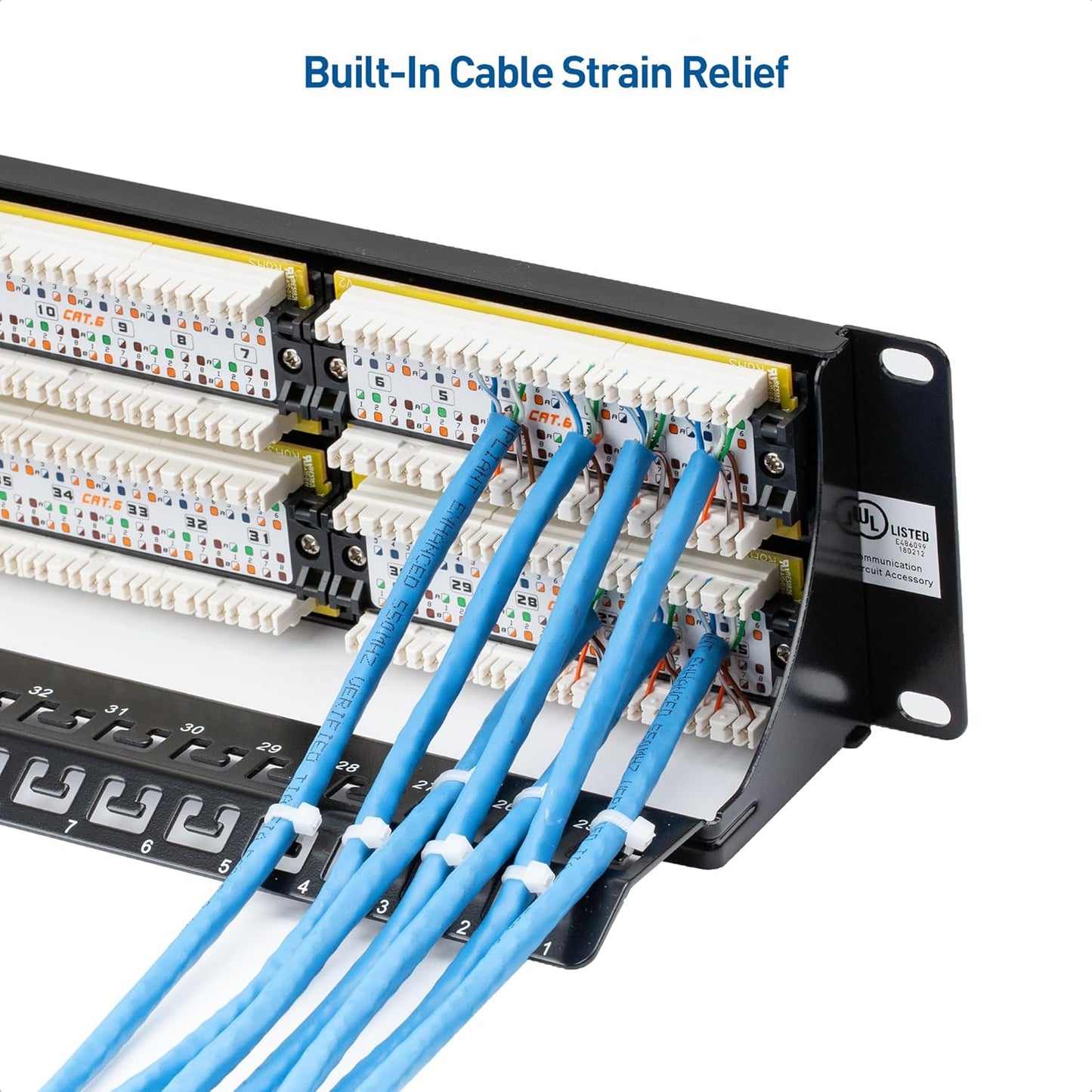 [UL Listed] Cable Matters 48 Port Patch Panel Rackmount or Wall Mount 19-Inch with Support Bar, 2U Cat6 Network Patch Panel for 10 Gigabit Ethernet, 110 or Krone Impact Tools Compatible