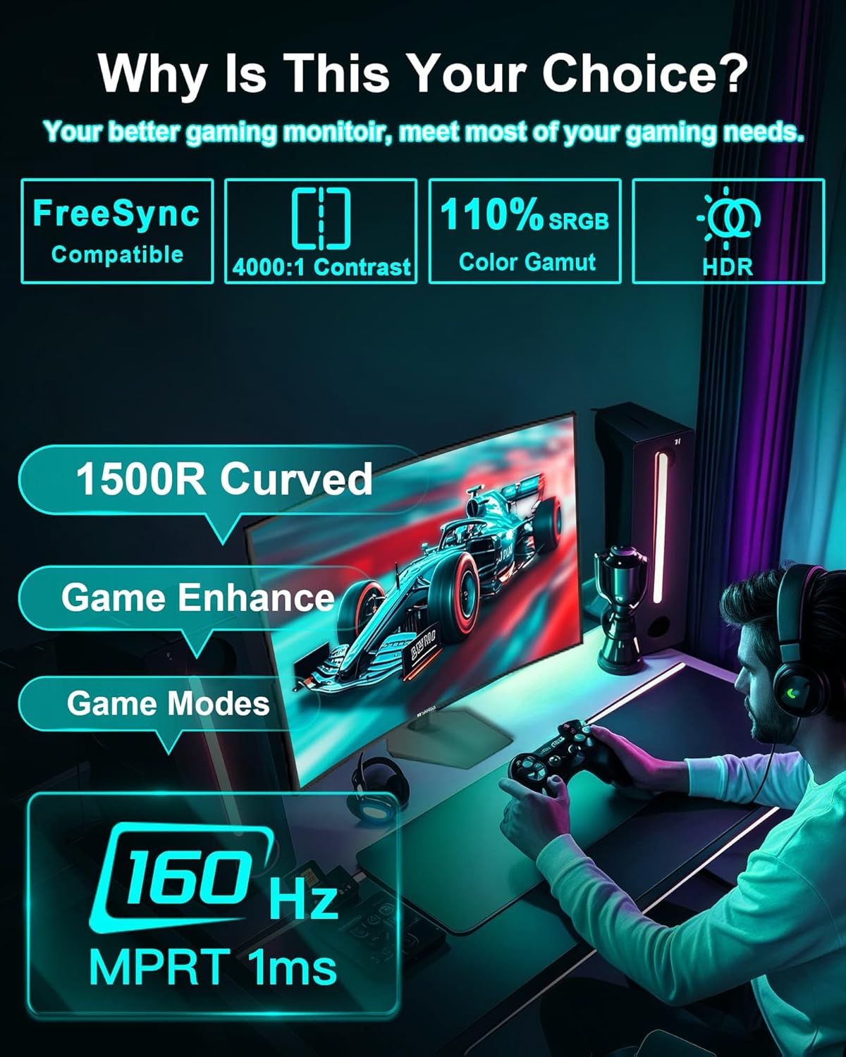 SANSUI 27 Inch Curved 160Hz Gaming Monitor, 1500R Curved Computer Gaming Monitor FHD 1080P, 4000:1, 110% sRGB, FPS/RTS, 1Ms MPRT|FreeSync|HDR|Low Blue Light|HDMI DP| VESA Support, HDMI Cable Incl.