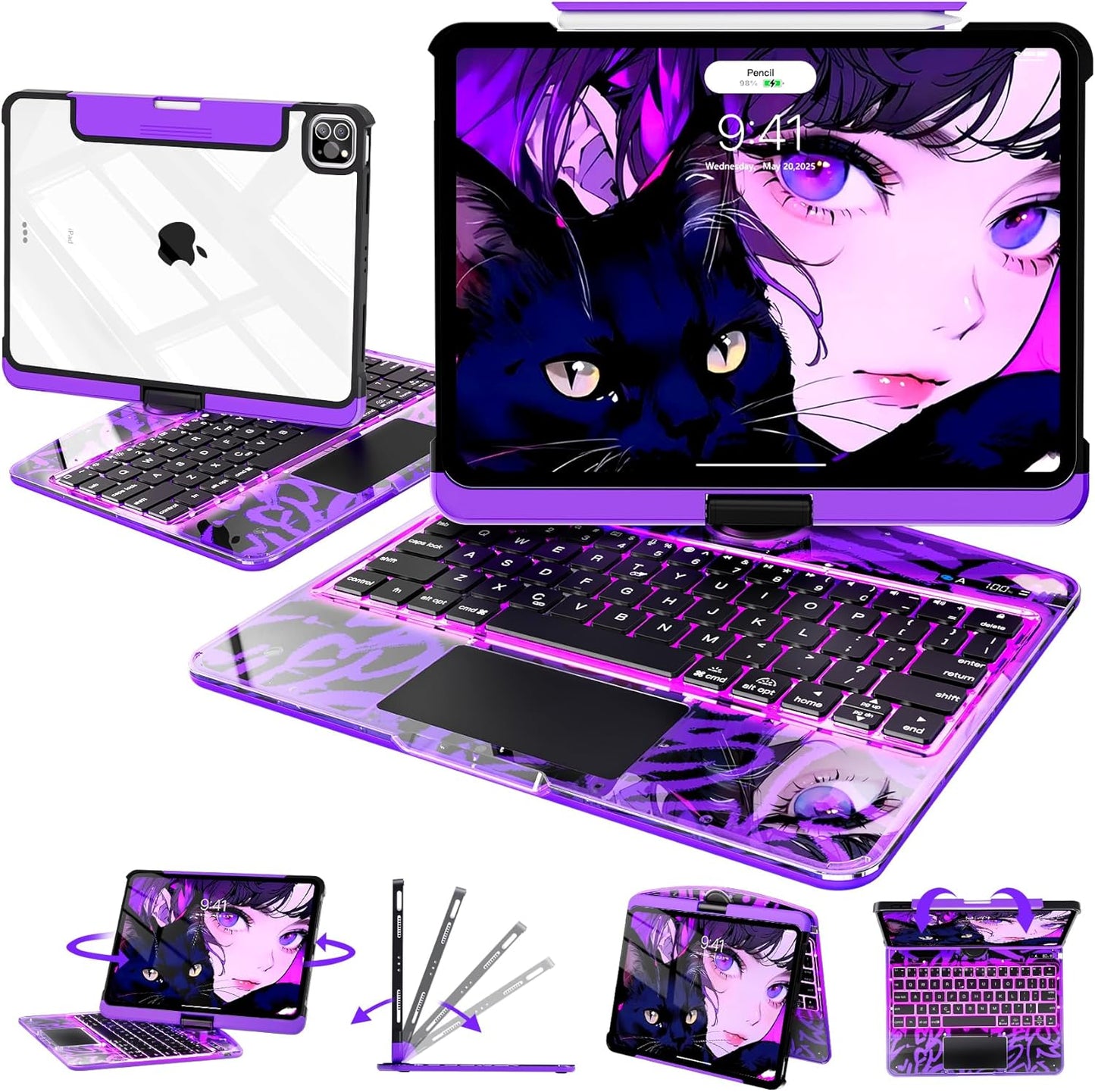 Intermerge Clear Keyboard Case for iPad Air 11" (M3/M2, 2025/2024), Air 5th/4th, Pro 11" 2022-2018, 360° Swivel Multi-Touch Trackpad, 7-Color Backlit, Pencil Holder, Type-C, Neon Pulse