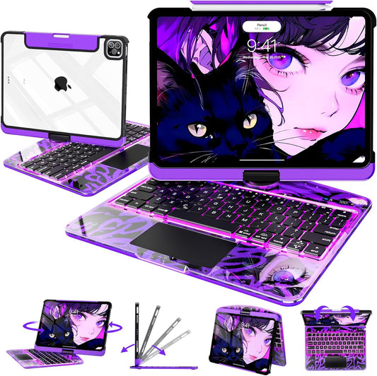 Intermerge for Clear iPad Pro 13" (M4) 2024 Case with Keyboard, 360° Multi-Touch Trackpad, 7-Color RGB Backlit Keyboard, Pencil Holder, Type-C, Power Indicator - Neon Pulse