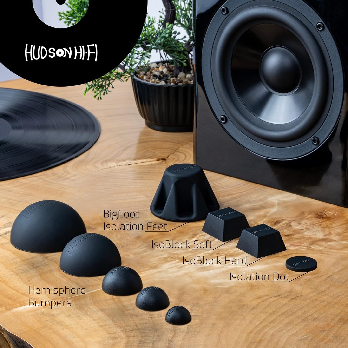 Speaker Isolation Feet – 4-Pack 1.5" Bigfoot Rubber Pads – Non-Adhesive Anti-Vibration Feet for Turntables, Subwoofers, Amplifiers – 50 Duro Non-Skid Bumpers for Audio Equipment