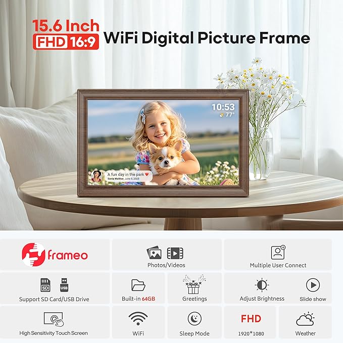 64GB 15.6" Frameo Digital Picture Frame WiFi, Large Electronic Photo Frames Wood 1920 x 1080 IPS FHD Touch Screen, Send Photos from Your Phone from Anywhere, Best Gifts for Family and Friends