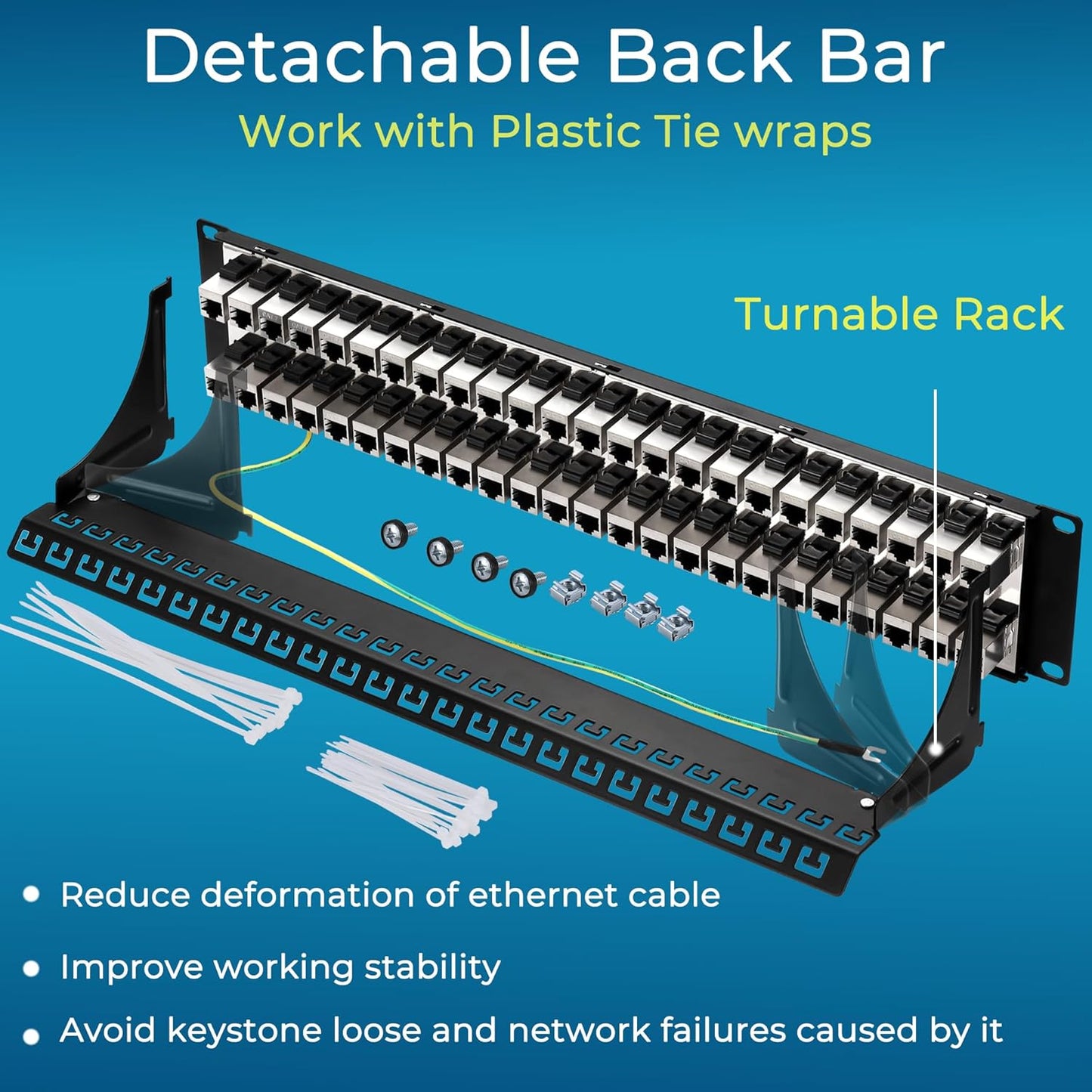 Rapink 48 Port Cat7 Patch Panel with Inline Keystone 10G Support, 19-Inch STP Shielded Coupler, 2U Network Patch Panel for Cat7, Cat6, Cat6A, Cat5e Cabling