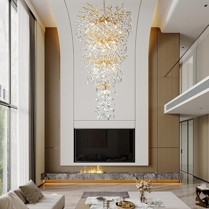 YUYI 47'' Long Crystal Chandelier for High Ceiling, 25-Light Modern Gold Tree Branch Chandelier, Large Chandeliers for Staircase Foyer Entryway Living Room, 4-Tier Luxury K9 Raindrop Light Fixture