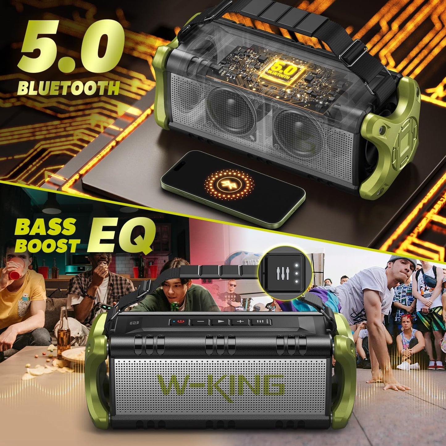 W-KING Bluetooth Speaker, 90W Max Portable Loud Speakers Wireless, IPX6 Waterproof Outdoor Speaker, 50W Deep Bass/2 Powerful Subwoofer/40H/Power Bank/Dual Pairing/EQ/TF/AUX/NFC for Camping,Pool,Party