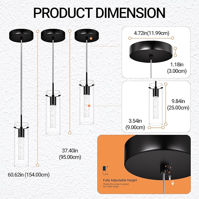 Pendant Ceiling Light Fixture, LED Kitchen Lighting Crystal Pendant Lights Kitchen Island, 1-Light Integrated Kitchen Hanging Light Fixture Modern Island Light with Bubble Glass Three Pack