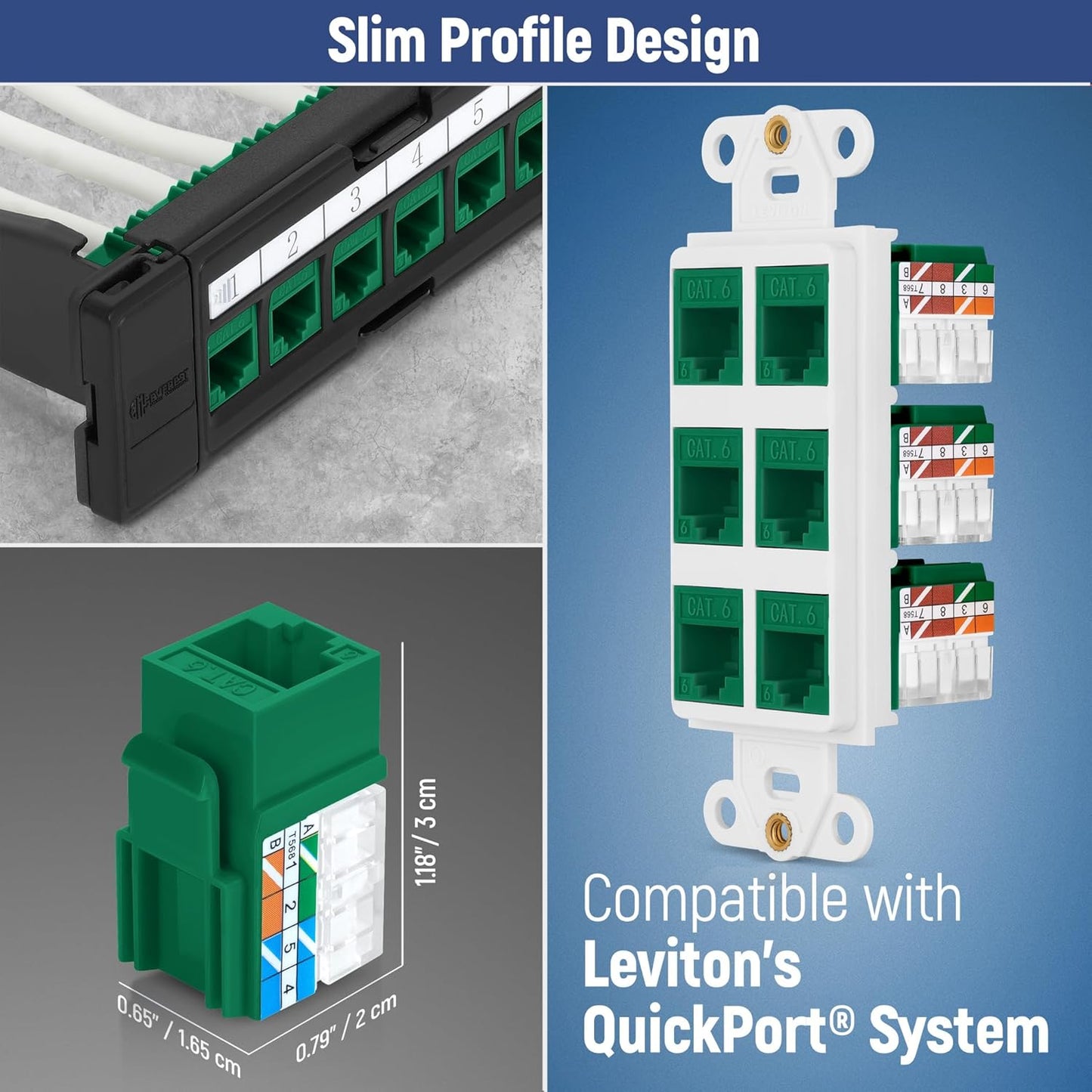 Everest 90° Angled RJ45 Cat6A Keystone Jacks 10-Pack in Green - Slim Profile Female RJ45 Connectors - Cat 6A Keystone Jack - Compatible with 90° Angled Speed Termination Tool - easyJACK (B094WB91H3)