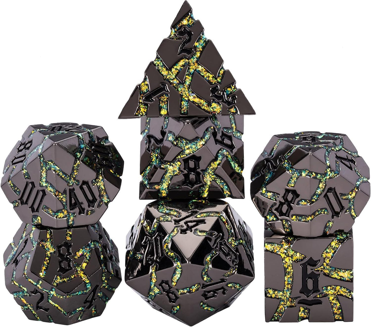 7PCS DND Dice Set,Metalli Crack Stripe Dice Set with Gift BOC,Dungeons and Dragons Polyhedral Metal Dice for RPG Board Games (Black Nickel Yellow)