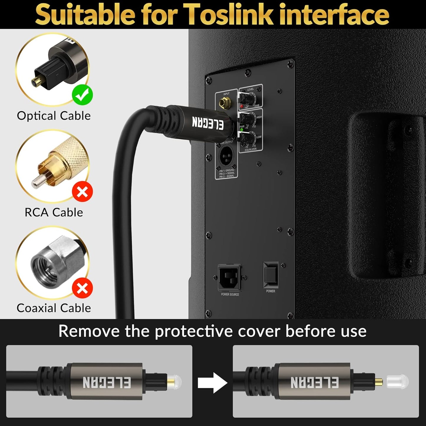Elecan Optical Audio Cable 200 Ft Digital Audio Toslink Cable Cord-Fiber Optic-Gold Plated-Flexiable&Durable-for Home Theater,Sound Bar,PS4&Xbox-with 4 Right Angled and Mini Toslink Adapters+Ties