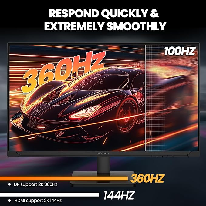 CRUA 27'' Gaming Monitor 360HZ 2k 1440P 120%sRGB IPS Computer Display Screen, Height/Pivot/Swivel/Tilt Adjustable Vertical Monitor Support FreeSync,Built in Speaker, DP1.4 & HDMI2.1, Wall Mount-Black