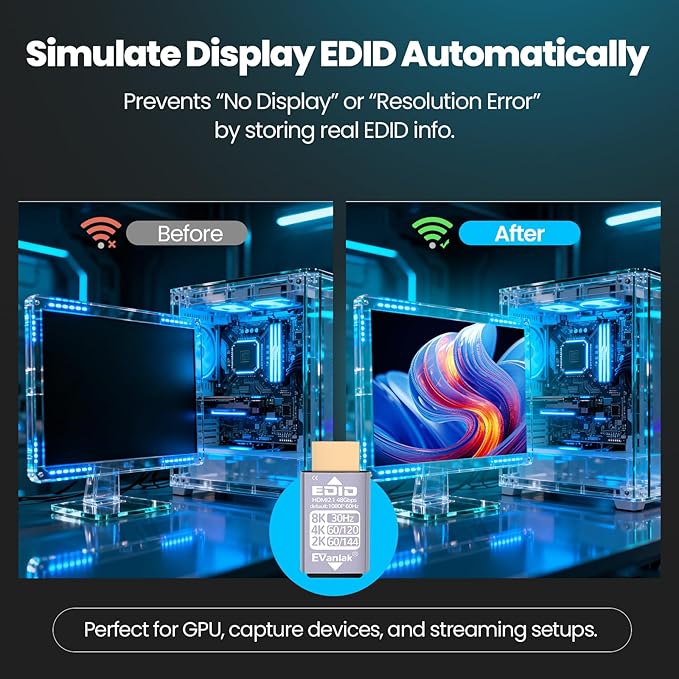 EVanlak Hdmi Passthrough Edid Emulator Adapter Dummy Plug Virtual Monitor Headless Ghost Display Adapter-1080P60hz to 8K30Hz-1pack