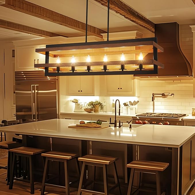 Farmhouse Dining Room Light Fixtures Rectangle Chandeliers Kitchen Island Lighting Vintage Pendant Lights Fixture 6-Lights Wood Grain Iron Chandelier for Dining Room Living Room Kitchen