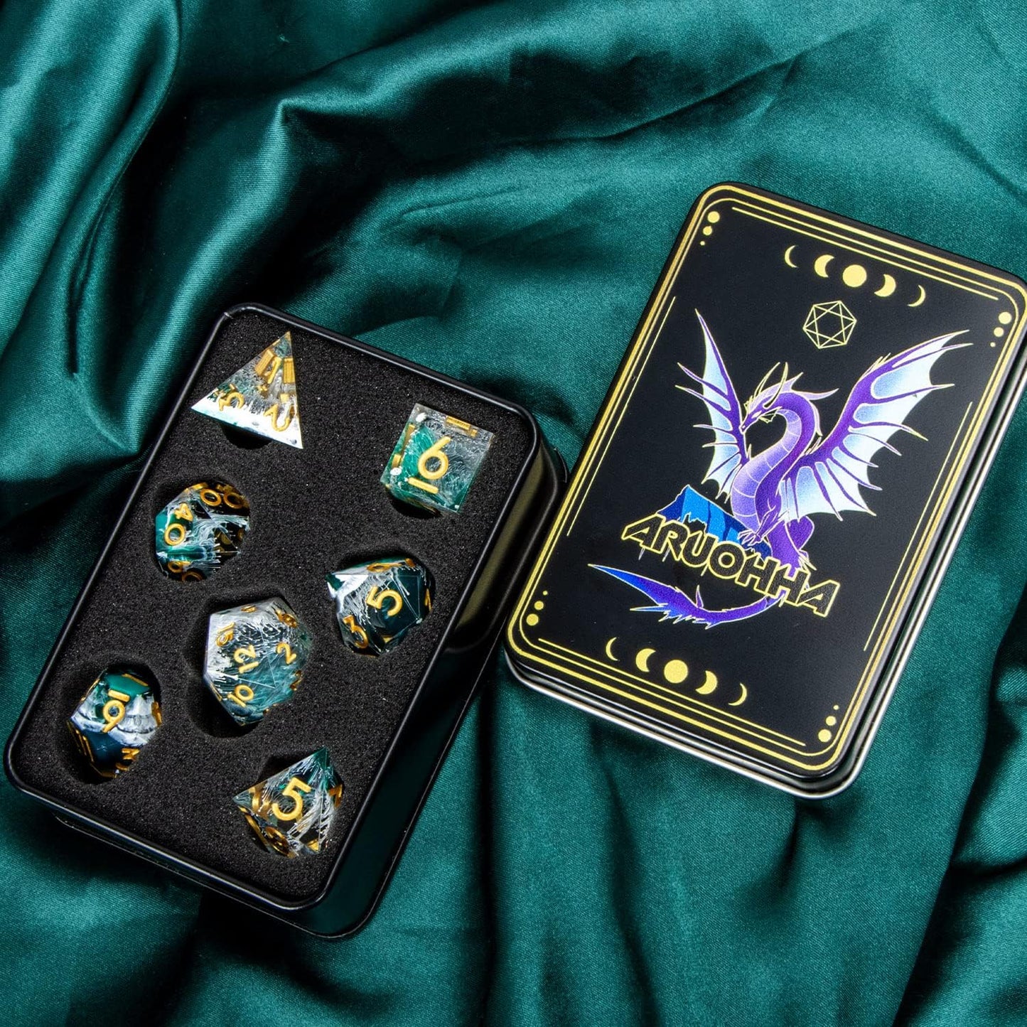 ARUOHHA Sharp Edge Dice DND Resin Translucent Dice Set, Green Handmade D and D Dice Set RPG Role Playing Games Polyhedral Dice D20 D12 D10 D8 D6 D4