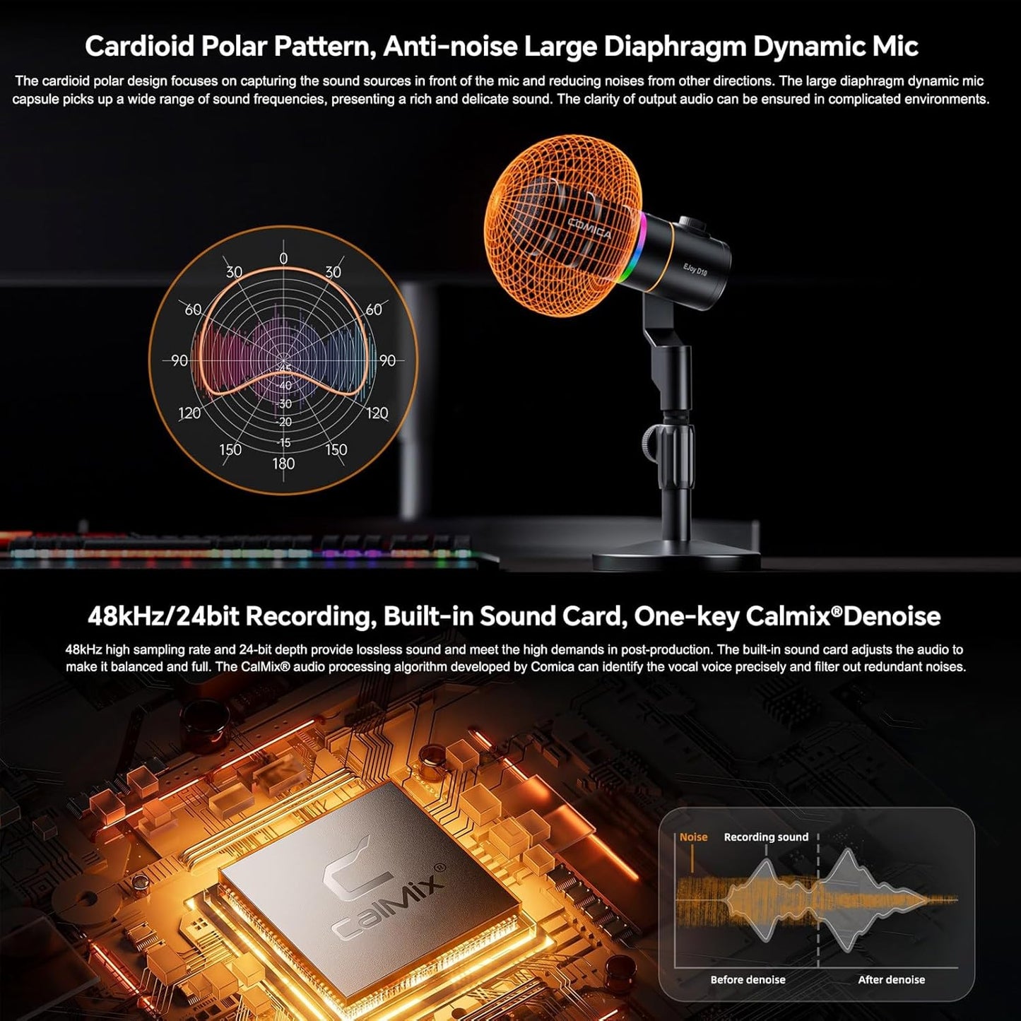 COMICA EJoy D10 D USB/XLR Dynamic Microphone with RGB Light &CalMix Denoise &Mute Button- Studio-Quality Cardioid Mic with Desktop Stand for Gaming, Streaming, Podcast,YouTube(PC/PS5/Xbox/Mac (White)