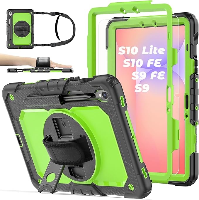 Case for Samsung Galaxy Tab S10 Lite/ S10 FE / S9 FE 10.9 Inch / S9 11'' 5G Protective with Screen Protector/Pen Holder/Hand Strap, Heavy Duty Shockproof Tablet Cover for S10 Lite, Green