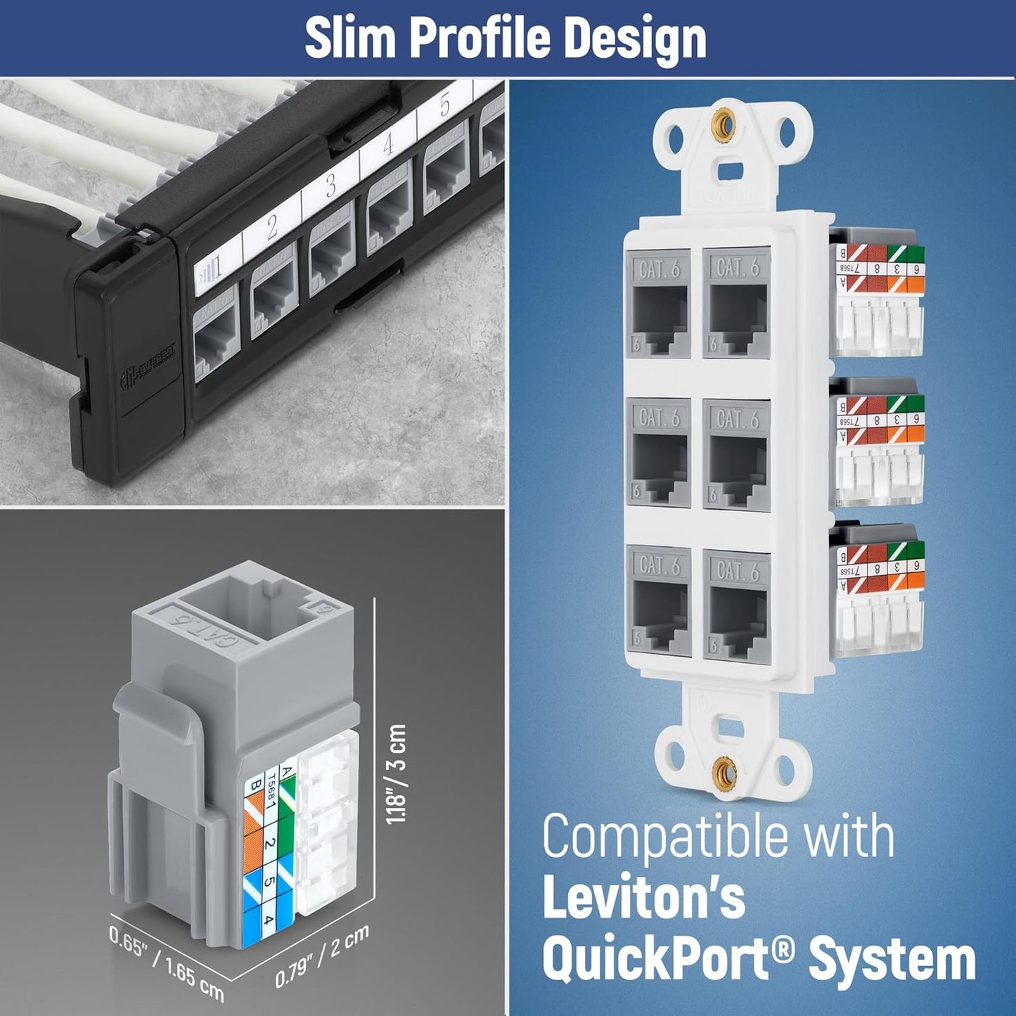 Everest 90° Angled RJ45 Cat6 Keystone Jacks 50-Pack in Gray - Slim Profile Female RJ45 Connectors - Cat 6 Keystone Jack - Compatible with 90° Angled Speed Termination Tool - easyJACK (B094WB91H3)