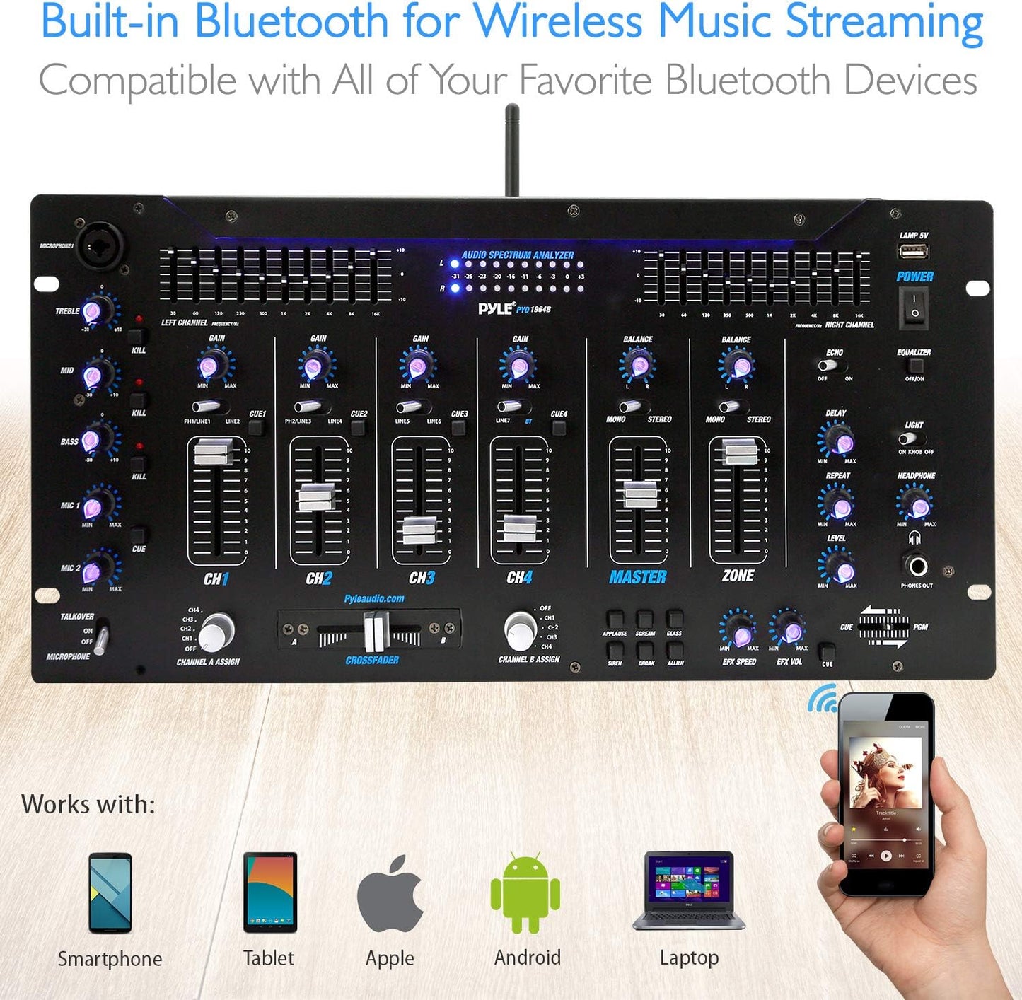 Pyle 6 Channel Mixer, Bluetooth DJ Controller, Stereo Mixer, Professional Sound System, LED Illumination, Mixer Digital Audio, Digital Mixing System, Speed Control, 5U Rack Mount System (PYD1964B)