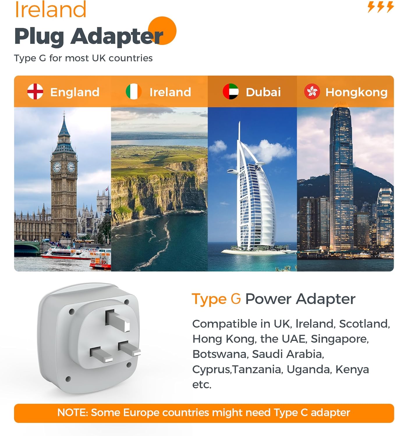 US to UK Plug Adapter, TESSAN Type G Travel Adaptor with 2 Electrical Outlets 2 USB Ports (1 USB C), Ireland Power Adapter for USA to England London Scotland British Dubai Kenya Hong Kong Qatar