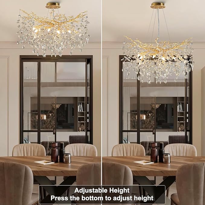 YUYI Modern Crystal Chandelier, 30" Gold Tree Branch Chandelier, 10-Light Round Chandeliers for Dining Room, Living Room, Kitchen, Foyer, Entryway, Bedroom, Luxury K9 Crystal Raindrop Light Fixture