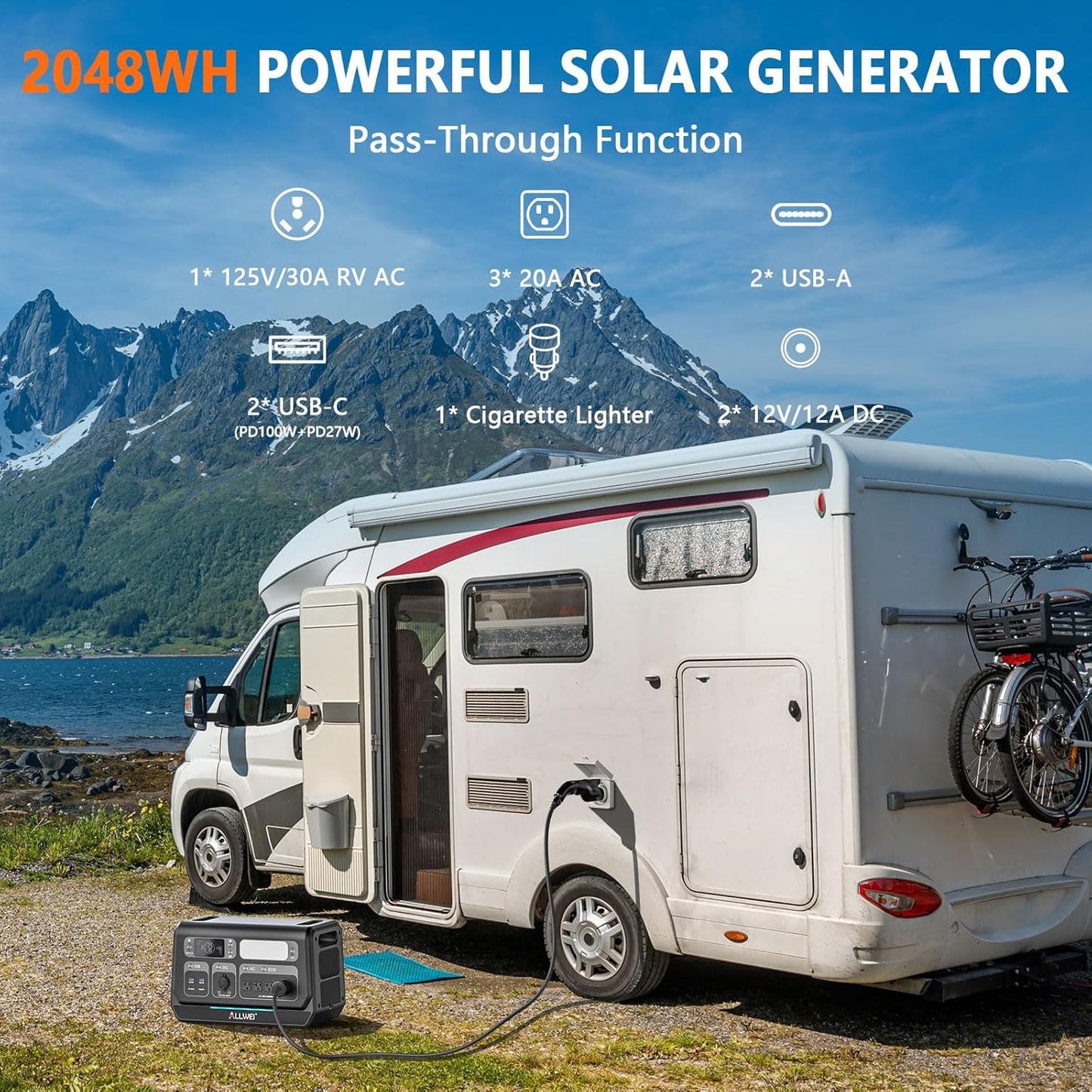 ALLWEI Solar Generator 2400W with 1x 200W Solar Panel, 2048Wh LiFePO4 Portable Power Station, Fast Charge in 1.5H, 4 AC Outlet, Expandable to 10240Wh for RV Camping Home Backup Outdoor Power Outage