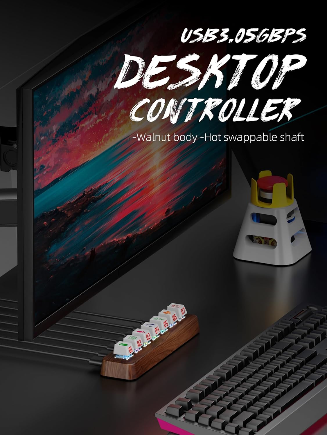 Walnut Wood 7-Port Powered USB 3.0 Hub, 5Gbps Data Transfer, Independent Hot-Swappable 3-Pin Mechanical Keyboard Switch Expander, RGB Backlit Docking Station-FU07