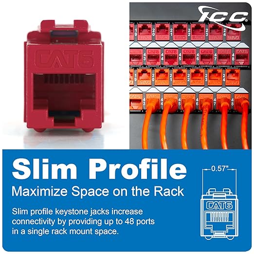 ICC CAT6 Keystone Jack with Slim Profile 180 Degree Punch Down, RJ45 UL Listed PoE++ TAA Compliant for Wall Plate or Patch Panel, Works with JackEasy Termination Tool, Green 25 Pack