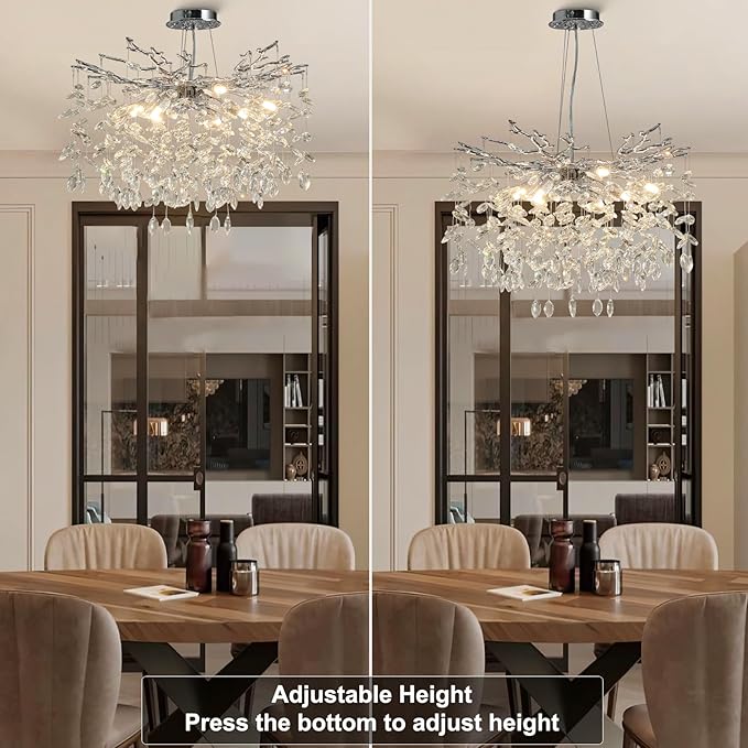 Modern Crystal Chandelier, 23.6" Silver Tree Branch Chandelier, 8-Lights Round Contemporary Luxury Raindrop K9 Crystal Pendant Light Fixture for Dining Room Living Room Foyer Entryway Bedroom Kitchen