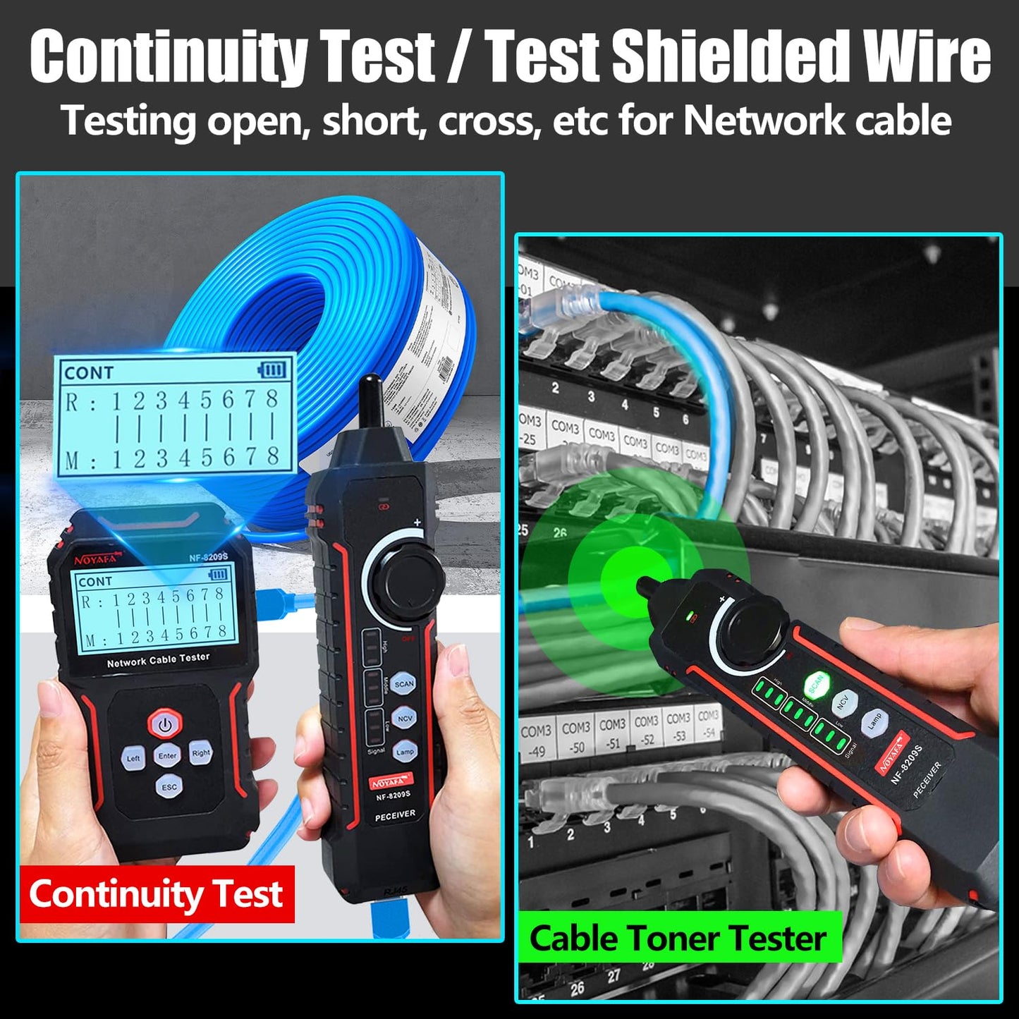 NOYAFA NF-8209S Network Cable Tester for CAT5, CAT6, LAN/Ethernet with PoE and NCV, LCD Anti-Interference scan Mode Wire Tracer Lithium Battery Charge