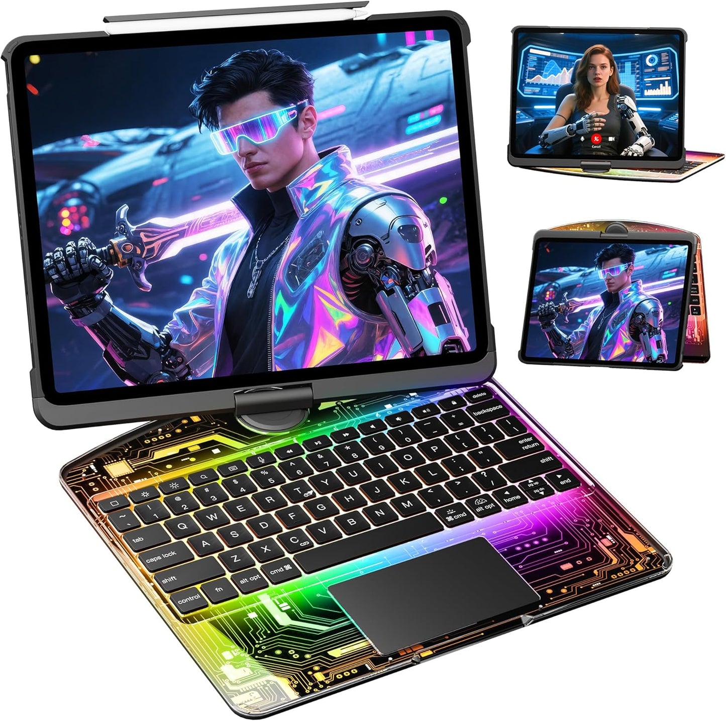 KITONE Transparent Case with Wireless Keyboard only for 2024 iPad Pro 13-in.(M4), 7 Colors Backlight, Trackpad, 360°Rotating Stand for iPad Pro 13, Tech Style