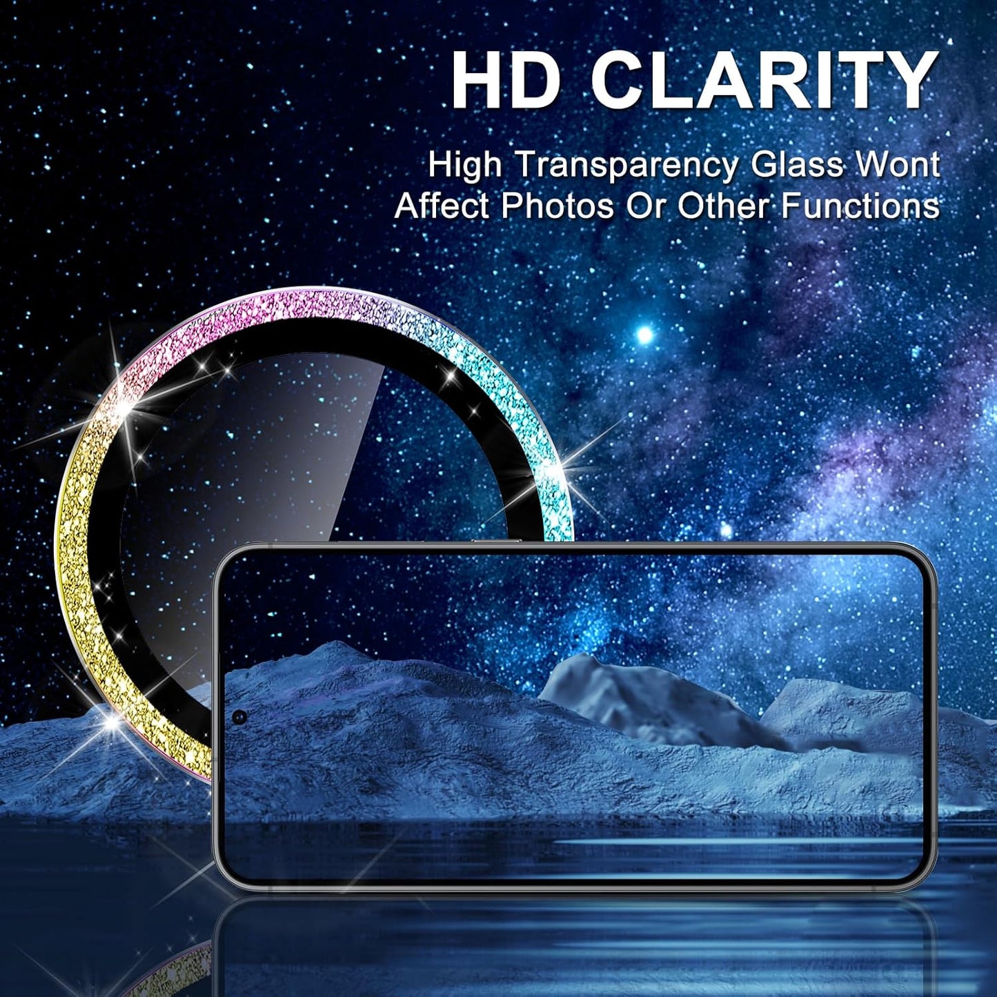 for Samsung Galaxy S25 Camera Lens Protector, Individual Metal Ring Tempered Glass Lens Cover, [Strong Adsorption] Scratch Resistant Ultra-Thin HD Clear Lens Cover, 1 Set-Colorful Sparkly
