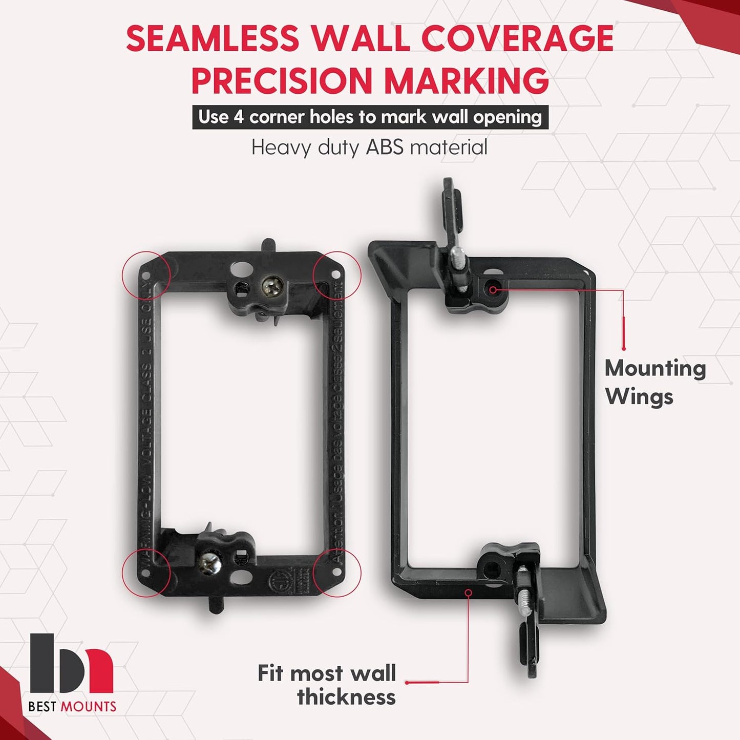 BestMounts - 1 Pack In Wall Cable Management Kit - Recessed Wall Plate Cable Pass Through Pair with Single Gang Low Voltage Mounting Bracket - TV Cord Hider for Wall Mounted TV ETL Listed