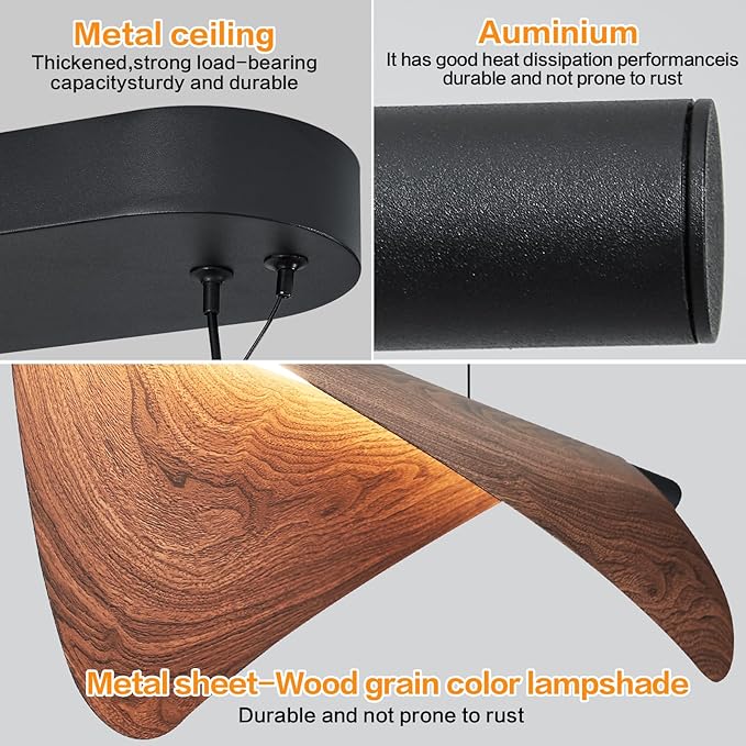 Walnut Pendant Lights 47.2In Dimmable Wood Grain Linear Chandeliers Over Table for Dining Room Kitchen Island