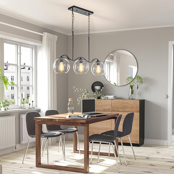3-Light Black Pendant Light & Semi Flush Mount Ceiling Light, Industrial Farmhouse Linear Chandelier for Kitchen Island, Dining Room, Glass Globe Hanging Fixture