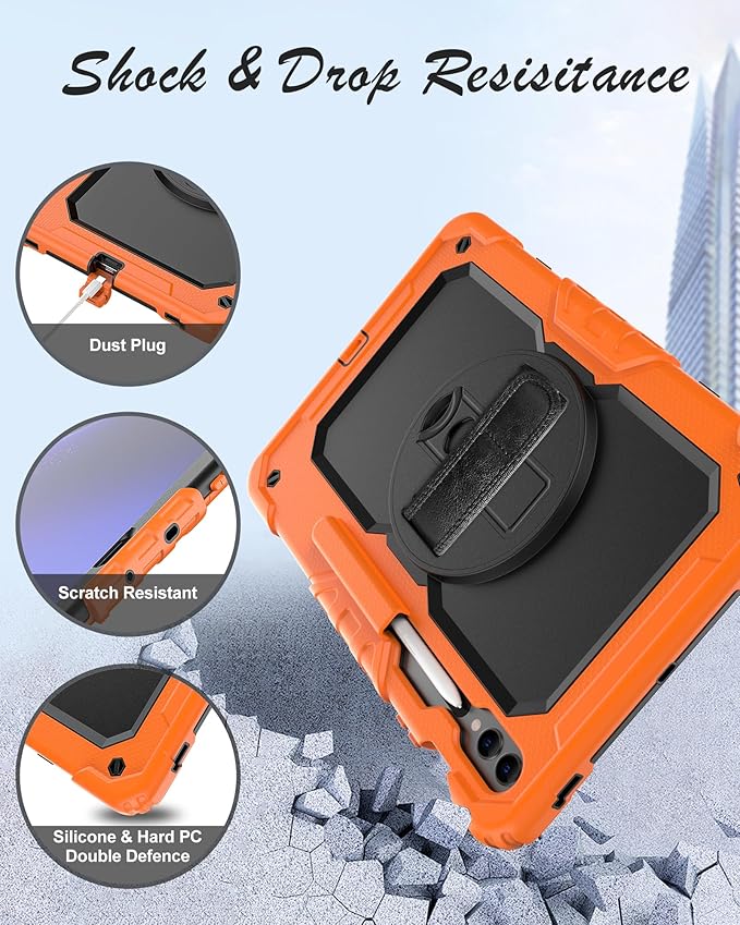 Case for Samsung Galaxy Tab S10 Plus/ S9 FE Plus/ S9 Plus 5G Tablet 12.4'', Shockproof Protective Cover with [Tempered Glass Screen Protector], Stand, Shoulder Strap & S Pen Holder (Orange)